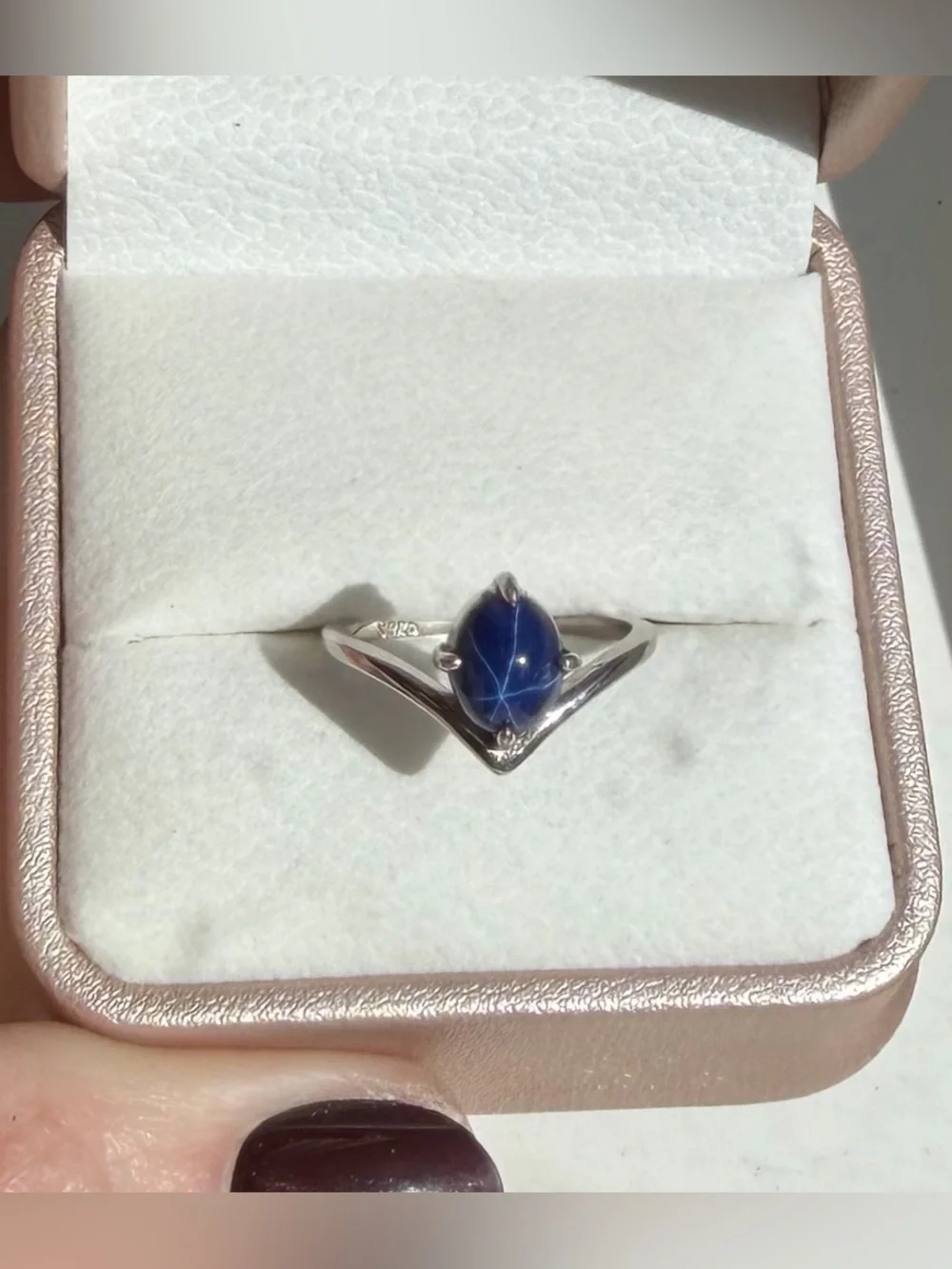 Stunning 1.79CT Natural Blue Star Sapphire Chevron Ring 925 Sterling Silver Sz 6